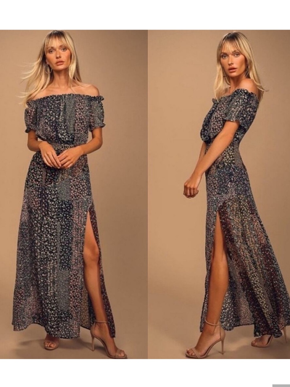 Lulu's Floral Off Shoulder Maxi Dress Neva Navy Blue Floral Print, Sz Large